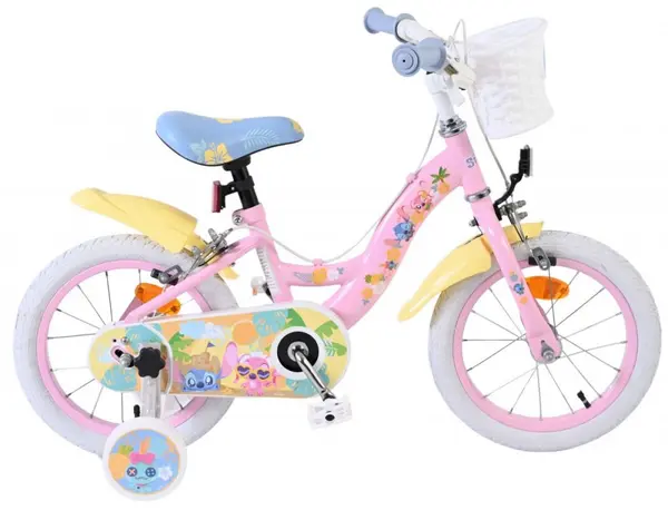 Bicicleta pentru copii EL Disney Stitch Girls 14 inch, frana de mana pe ambele roti, scaun si ghidon reglabil, spite metalice, roti gonflabile, stopuri reflectorizante