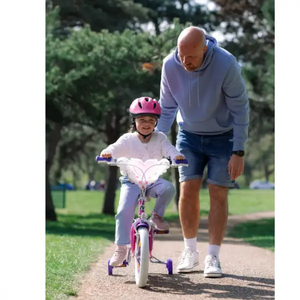 Bicicleta pentru copii Huffy Princess, 14 inch, cu roti ajutatoare, claxon, cosulet, varsta 4-6 ani, inaltimea 105-117 cm, scaun si ghidon reglabile pe inaltime, anvelope cu profil gros