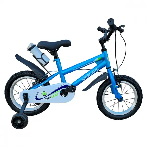 Bicicleta pentru copii KidsCare HappyBoy Albastra 16 inch cu roti ajutatoare, frane de mana, sticla inclusa, 5-8 ani