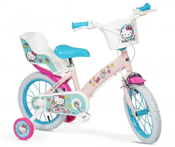 Bicicleta pentru fetite Toimsa Hello Kitty 14 inch cu roti ajutatoare, 2 cosulete, frana de mana pe ambele roti, scaun si ghidon reglabile pe inaltime