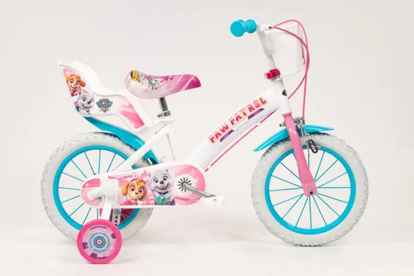 Bicicleta pentru fetite Toimsa Paw Patrol Girl 14 inch cu roti ajutatoare, 2 cosulete, frana de mana pe ambele roti, scaun si ghidon reglabile pe inaltime