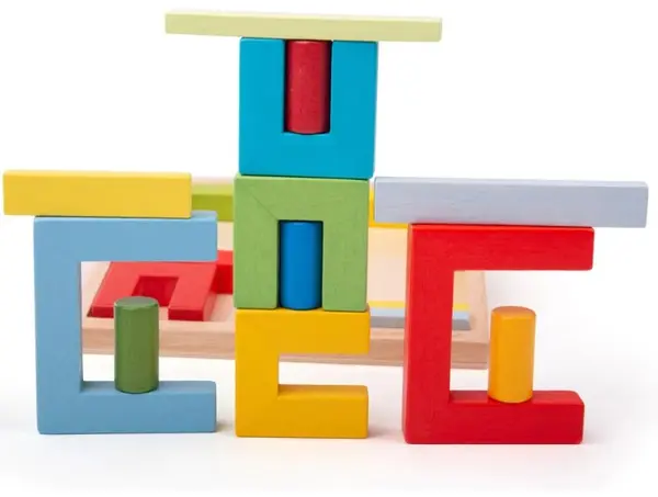 Bigjigs Set din lemn - Puzzle de construcții cu forme colorate