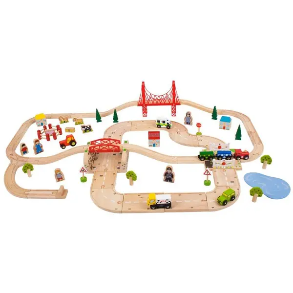 BigJigs Toys Circuit auto si feroviar (80 piese)