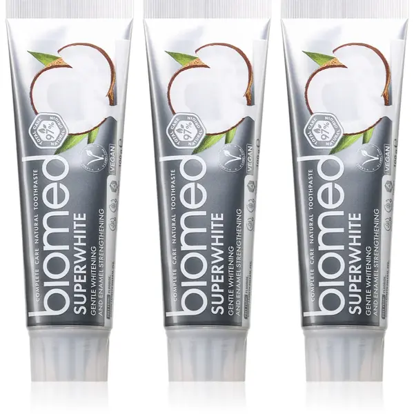 Biomed Superwhite pasta de dinti cu efect intaritor cu ulei de cocos 3x100 g