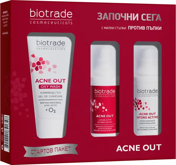Biotrade Acne Out Set - Loțiune activă, cremă hidratantă, gel de curățare, 2 х 20 + 50 ml (Limitat)