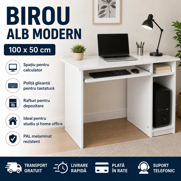 Birou Alb Modern 100 cm pentru Calculator si Home Office
