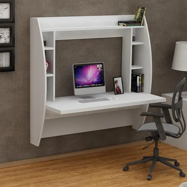 Birou Buglem Elegant cu biblioteca, Alb, 124x120x55 cm