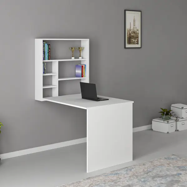 Birou cu raft de perete pliabile Elegant, Alb, 59x74x90 cm