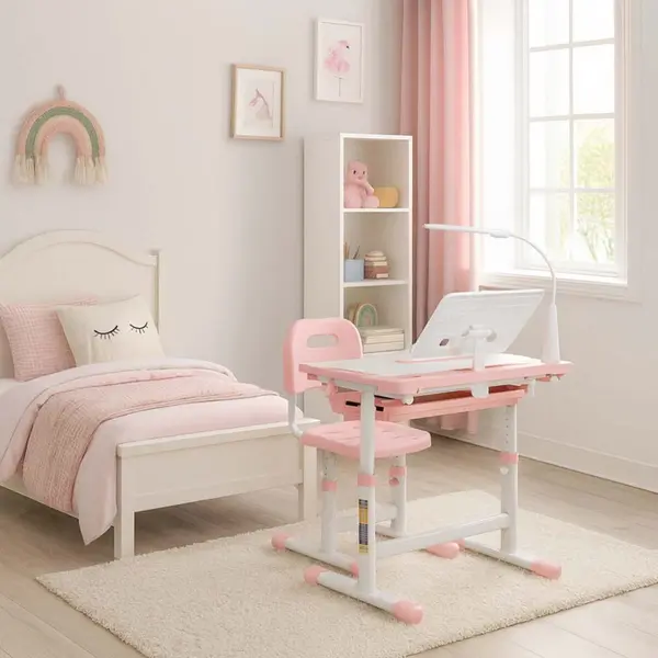 Birou cu scaunel pentru copii pink, inaltime reglabila, constructie durabila, lampa led detasabila cu 3 moduri de iluminare