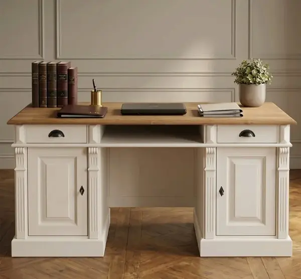 Birou cu spate inchis, Colectia Directoire cu finisaj Cream/Walnut Waxed