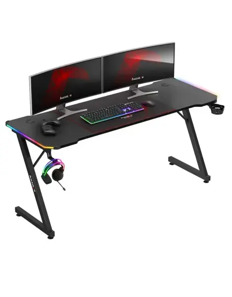 Birou gaming Huzaro Hero 4.8 RGB, Suport pentru casti si pahar, Iluminare LED RGB, Mousepad XXL, Organizator cabluri, 160 cm (Negru)