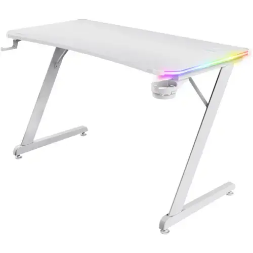 Birou gaming RGB Trust GXT 709W Luminus, 120x60x74 cm, RGB, Management cabluri, Suport casti si pahar, Alb