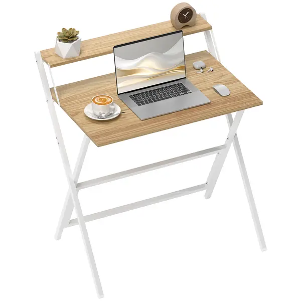Birou HOMCOM pliant compact, suport monitor, lemn natural | Aosom Romania