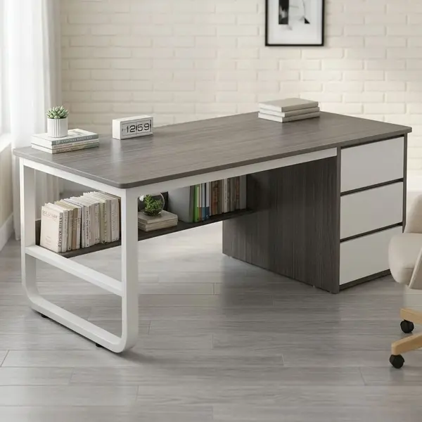 Birou minimalist alb cu rafturi - 160x60x73 cm, ideal pentru spații mici, lucru și studiu
