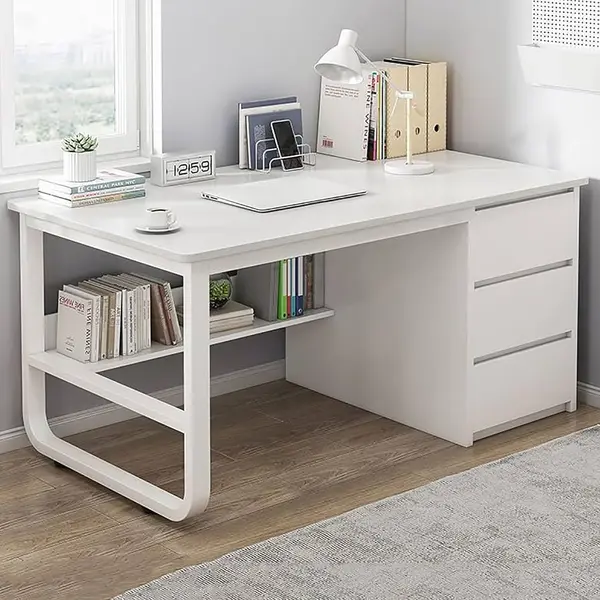 Birou minimalist alb cu rafturi - 160x60x73 cm, ideal pentru spații mici, lucru și studiu