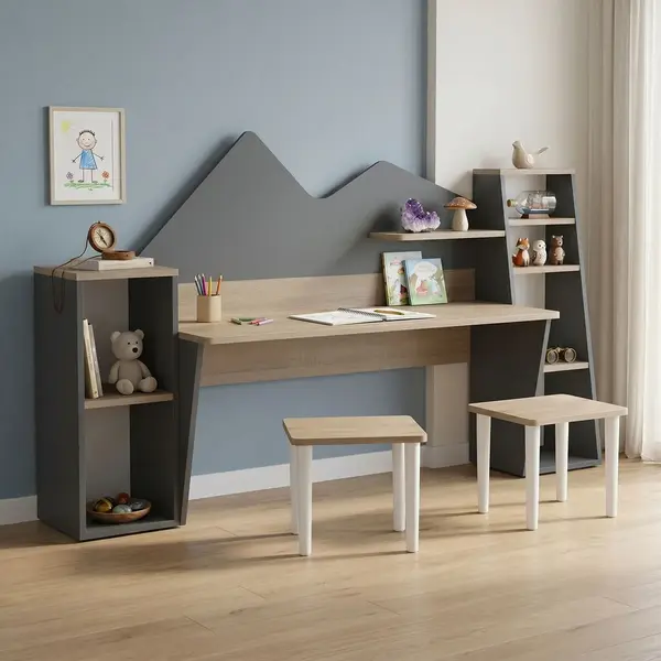 Birou pentru copii cu taburet Dualto pakoworld sonoma-antracit 180x30x93.6cm Birou pentru copii cu taburet Dualto pakoworld sonoma-antracit 180x30x93.6cm