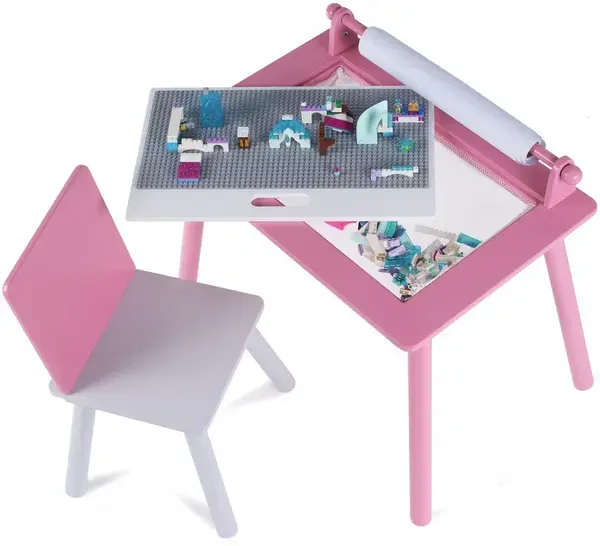 Birou pentru copii Roz cu tabla compatibila cu piese LEGO, din MDF, cu Scaunel, Rola de desen, Spatiu de depozitare, Blat reversibil - Default Title