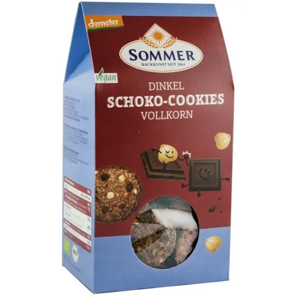 Biscuiti BIO din Faina de Grau Spelta cu Ciocolata Amaruie si Alune, 150 g, Sommer