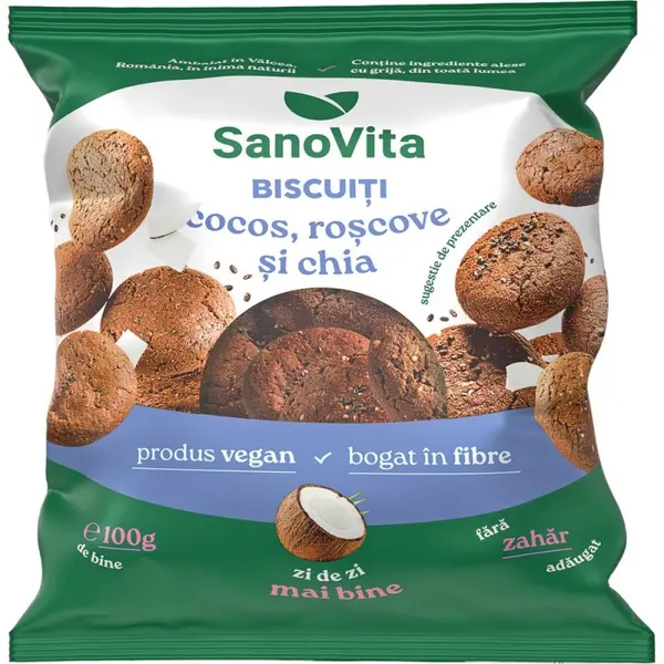 Biscuiti cu Cocos, Roscove si Chia, 100 g, fara Zahar Adaugat