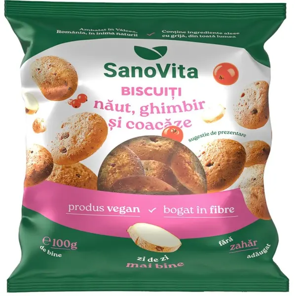 Biscuiti cu Naut, Ghimbir si Coacaze fara Zahar Adaugat, 100 g, Sanovita