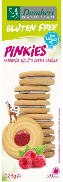 Biscuiți fără gluten cu cremă de vanilie și zmeură, 125 g, Damhert