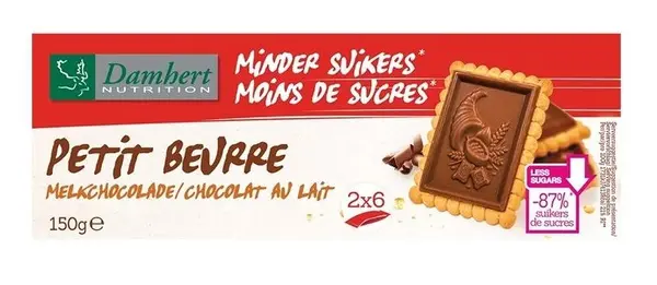 Biscuiți Petit Beurre cu ciocolată cu lapte, fără zahăr, 150 g, Damhert