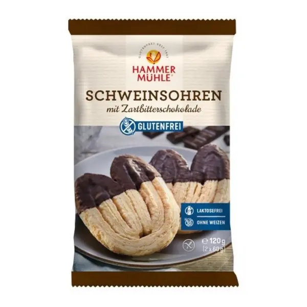 Biscuiti Striati Tip Potcoava, fara Gluten, cu Glazura de Ciocolata Neagra, Hammer Muhle, 120 g