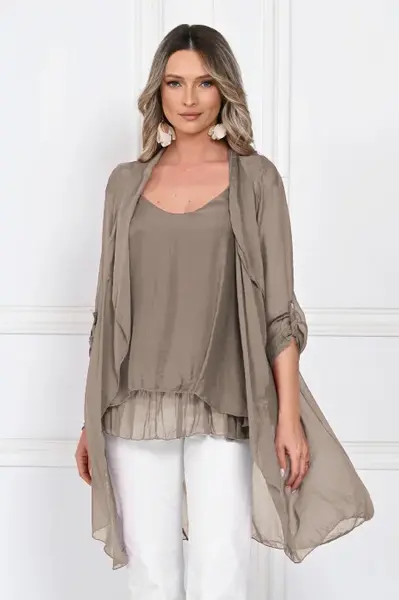 Blazer dama midi din matase tip kimono, croi fluid pentru layering, bej inchis