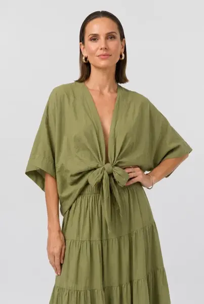 Blazer tip kimono din bumbac fin cu inchidere prin innodare, verde olive