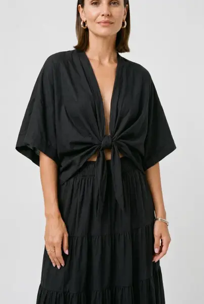 Blazer tip kimono din bumbac fin cu inchidere prin innodare, negru