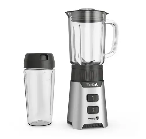 Blender Tefal Minimix BL16GE30, 400W, 2 trepte de viteza, recipient din sticla termorezistent 0.7 L, recipient portabil 0.6 L, lame detasabile Powelix (Argintiu)