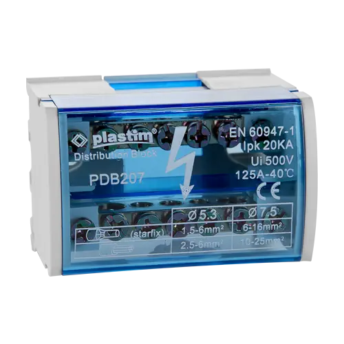Bloc de distribuție electrică 2×7 poli, 125A, cablu 1.5-35 mm², Plastim PDB207