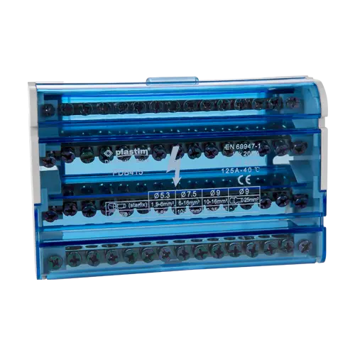 Bloc de distribuție electrică 4 poli 125A, 15 conexiuni pe pol, Plastim PDB415