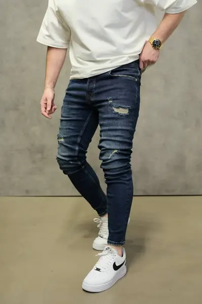 BLUGI BARBATI SKINNY FIT RUPTI – DARK BLUE CLEAN STREETWEAR (MĂRIME: 30)