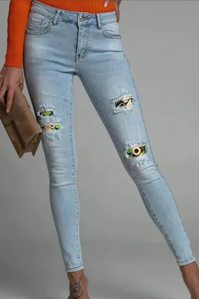 Blugi dama skinny, Harry, cu talie inalta, perforatii asimetrice cu insertii decorative si textura elastica, Albastru