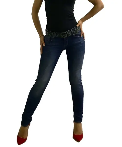 Blugi dama slim fit Deliana, albastru inchis, accesoriu curea armi