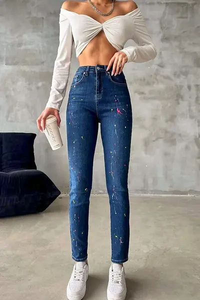 Blugi dama, Splash Paint, croiala elastica boyfriend cu detalii cromatice, Albastru