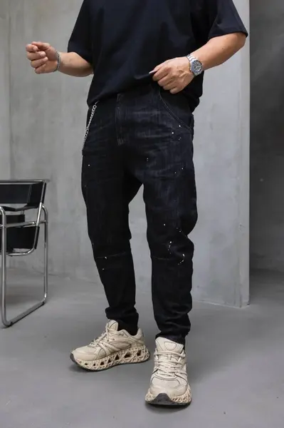 BLUGI LOOSE FIT CU LANT, RUPTURI SI EFECT STROPIT BGBLACK7(17413) (MĂRIME: 29)