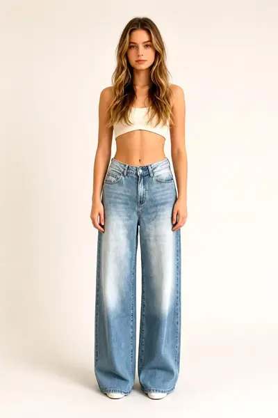 Blugi prespalati de dama Firenze, croi balloon si buzunare, Albastru denim