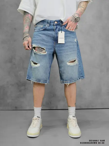 BLUGI SCURȚI BAGGY RIPPED DENIM LIGHT BLUE PSAS215(1808) (MĂRIME: 30)