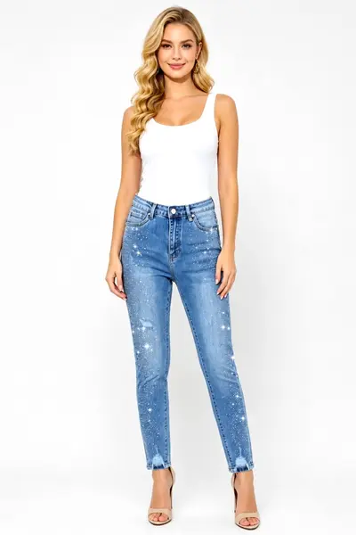 Blugi slim fit RAVENNA, cu strasuri dense si perforatii, Albastru