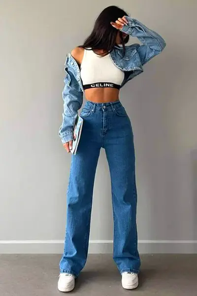 Blugi wide leg Gilbert, cu super elastan si talie inalta, Albastru deschis