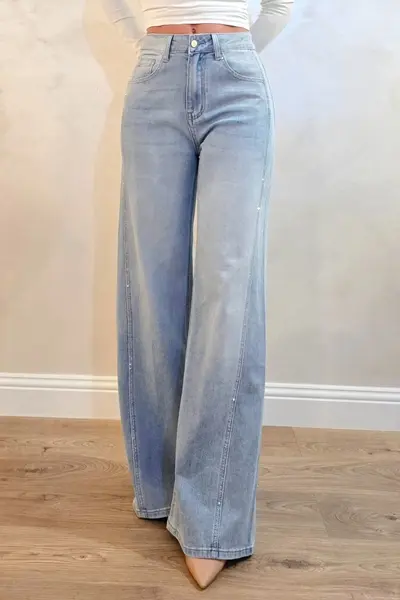 Blugi wide leg Kyoto, cu strasuri si nuanta prespalata, Albastru deschis