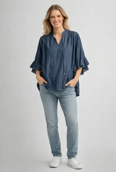 Bluza albastra tip denim cu volane si snur la gat, croi lejer, stil feminin casual