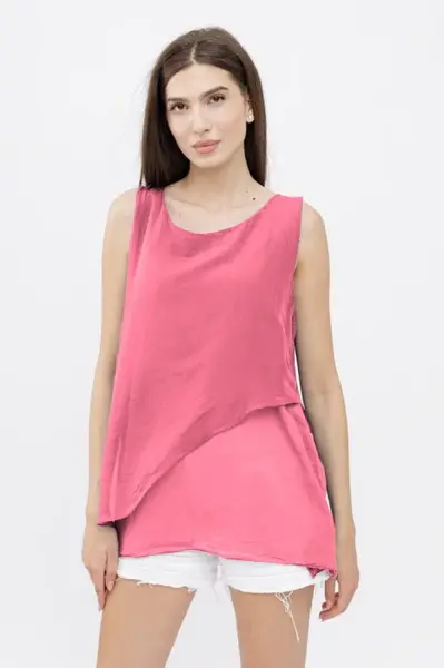 Bluza asimetrica in colturi din matase si vascoza si bumbac fara maneci, roz