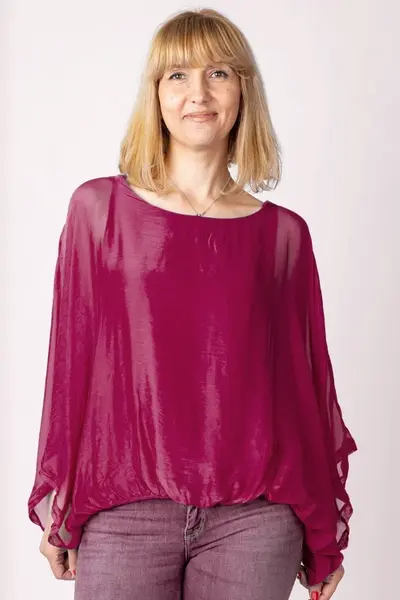 Bluza bordo din matase si vascoza cu maneca fluture