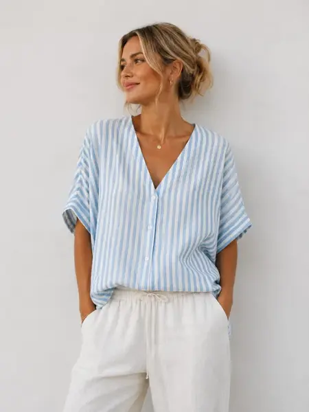 Bluza cu maneca fluture, nasturi in fata si dungi fine alb - bleu