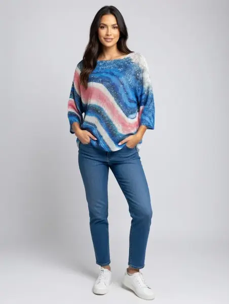 Bluza cu maneca fluture trei sferturi si imprimeu gradinent albastru si roz