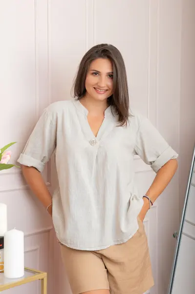 Bluza dama din bumbac Hope cu guler tunica - Ecru