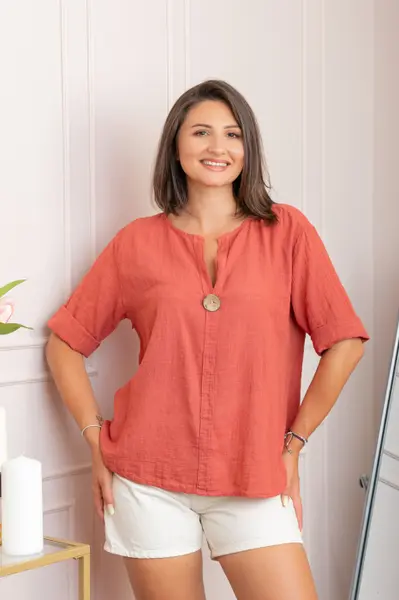 Bluza dama din bumbac Kerry cu maneci reglabile - Caramiziu